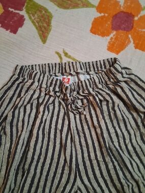 Linen Blend Balloon Black and Cream Striped Wide-Leg Ankle Pants